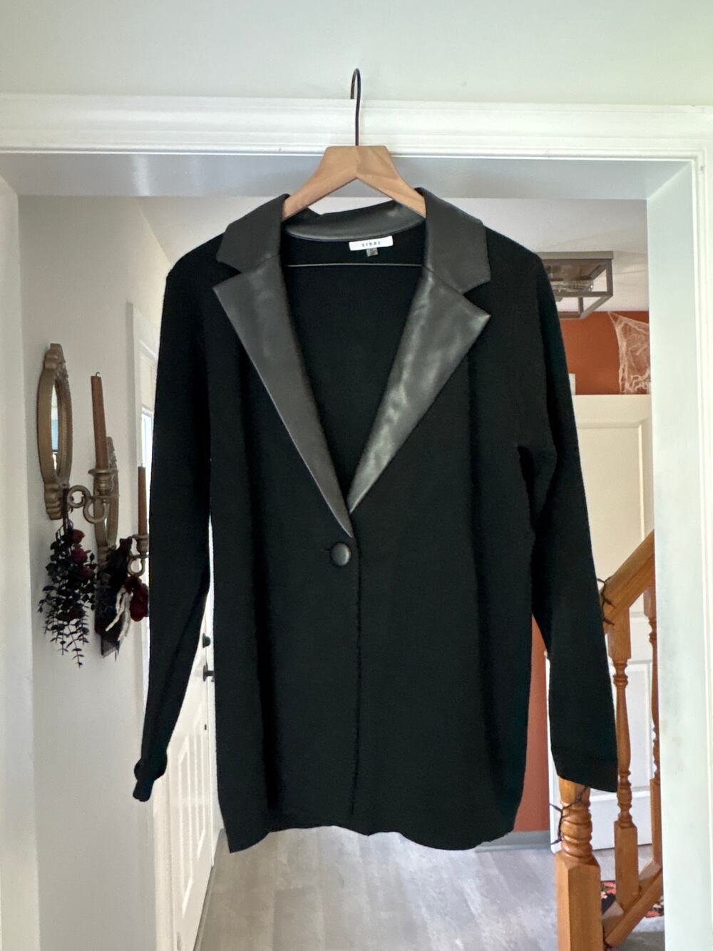 Sioni Black Knit Cardigan Sweater Blazer Medium Faux Leather Collar Shacket